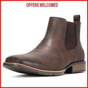 Men's Leather Chelsea Western Boots Slip On Ankle Boots Casual Dress